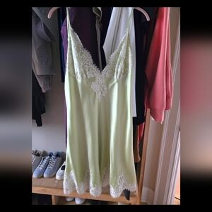 100% Silk Christine Chemise Slip Dress in Pistachio With Lace Trim sz L